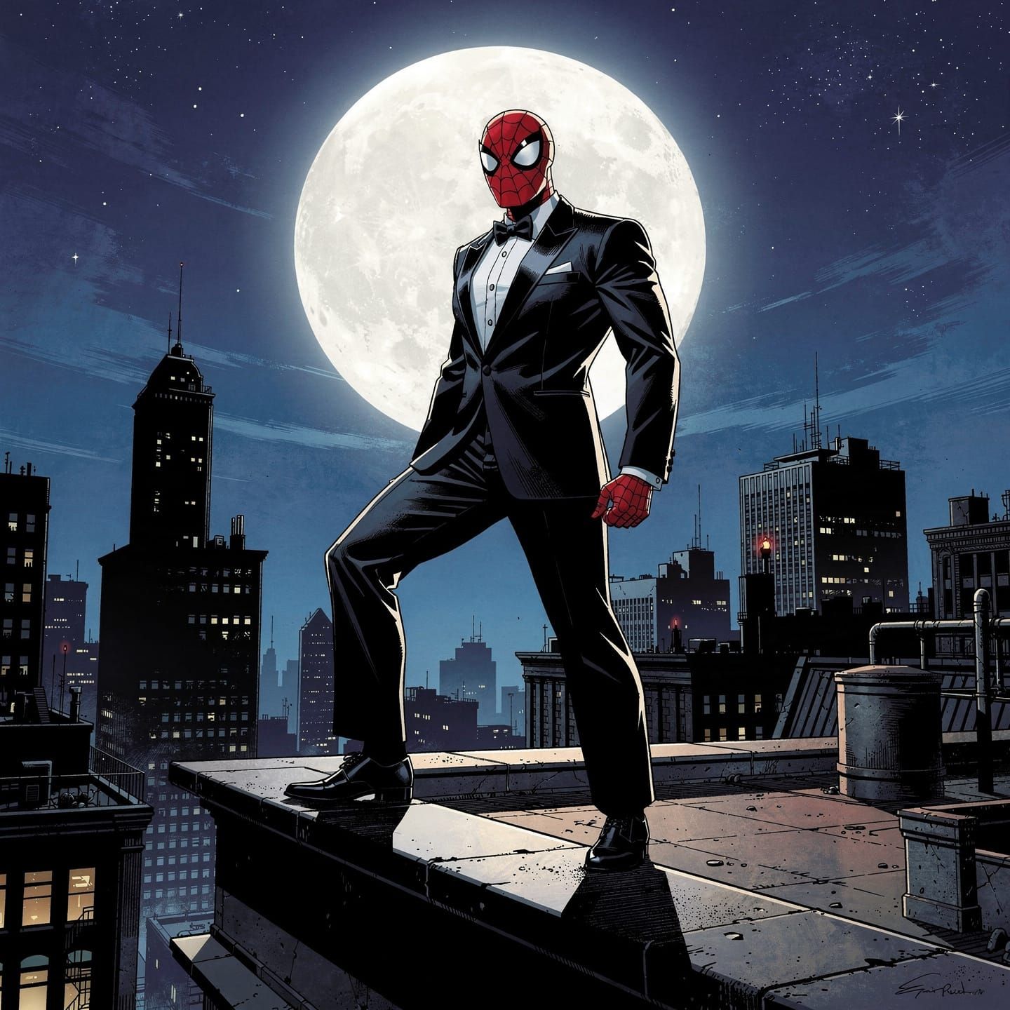 Spider-Man in Tuxedo on Moonlit Night