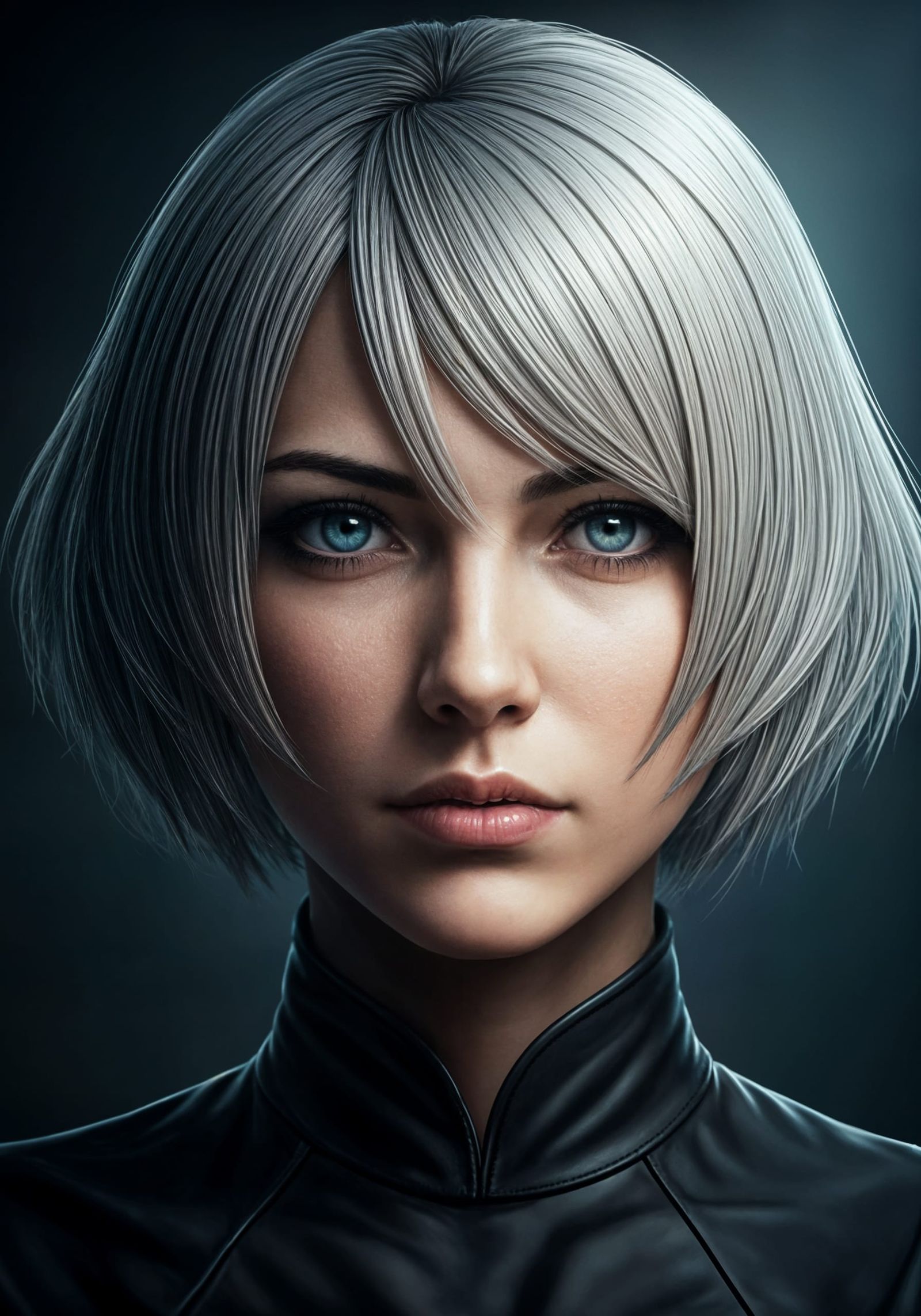 Hyperrealistic Portrait of 2B in Dramatic Lighting