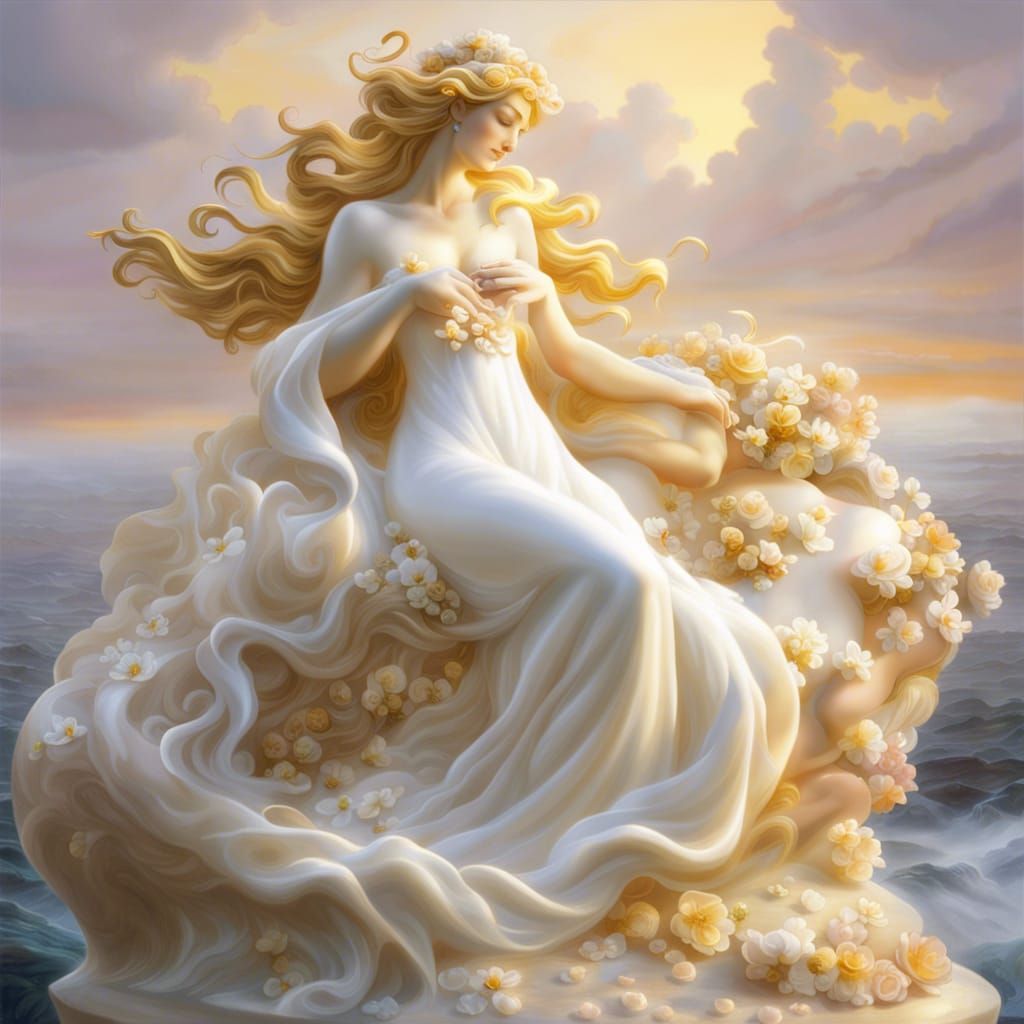 Aphrodite Sculpture with Flowing Gown, Ethereal Carving