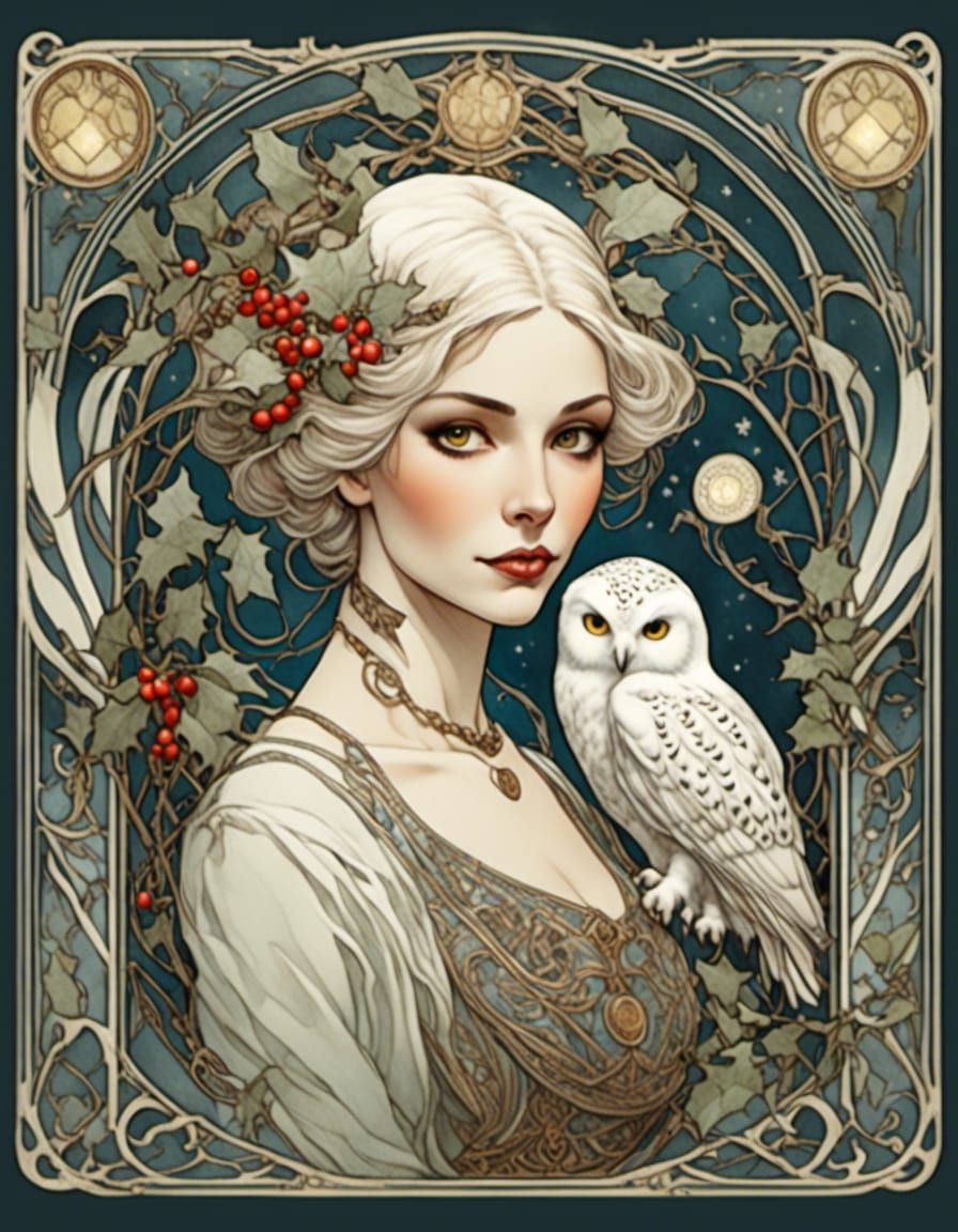 Art Nouveau Woman with Snowy Owl Portrait