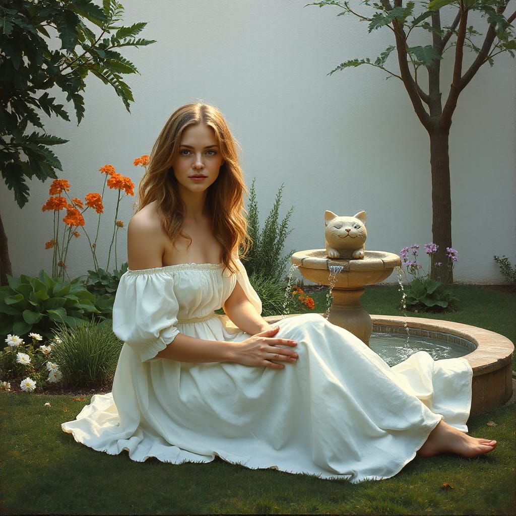 Serene Woman in Garden, Alphonse Mucha and Waterhouse Fusion