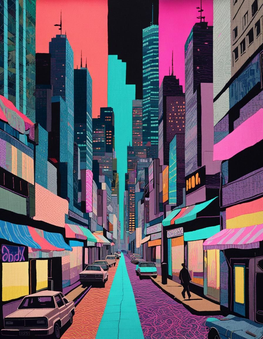 Vaporwave Fabric Collage of City Scene
