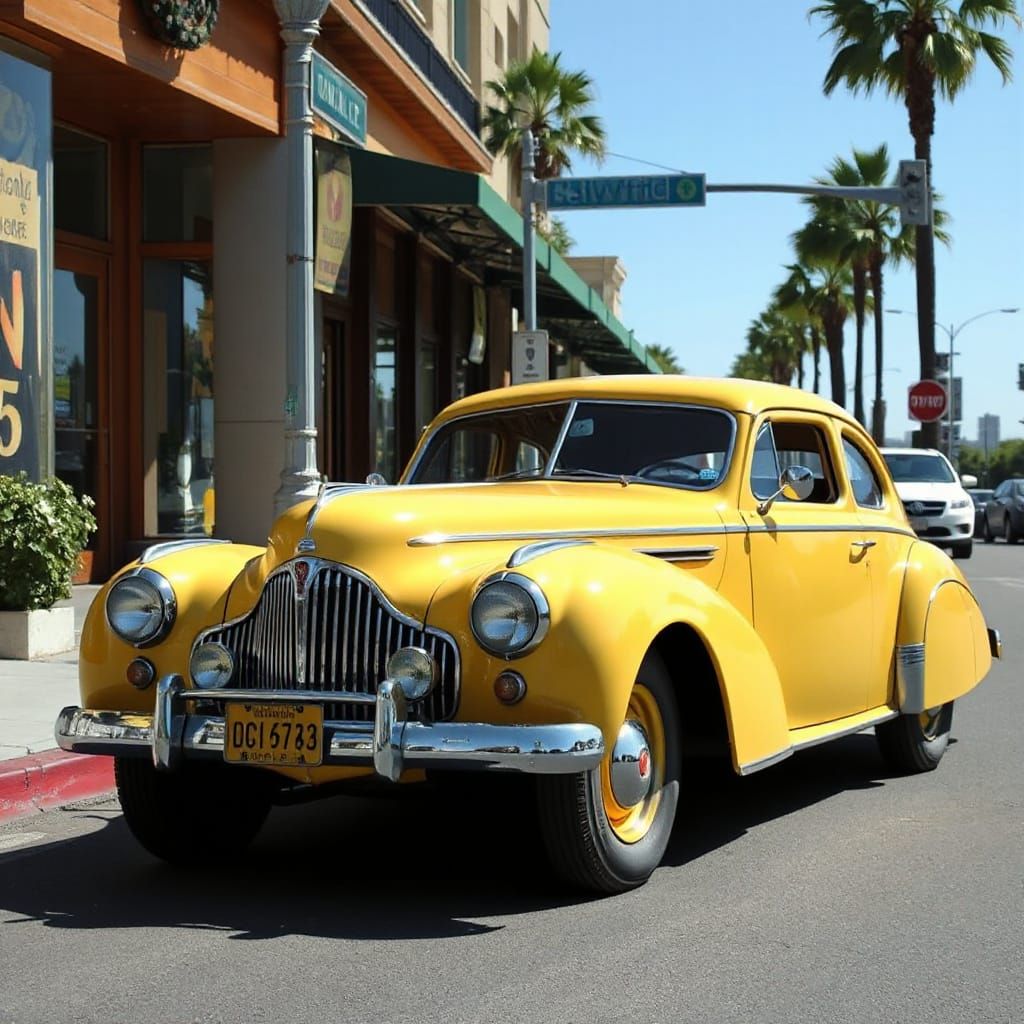 A 1940s yellow Delahaye car parked on Sunset Boulevard