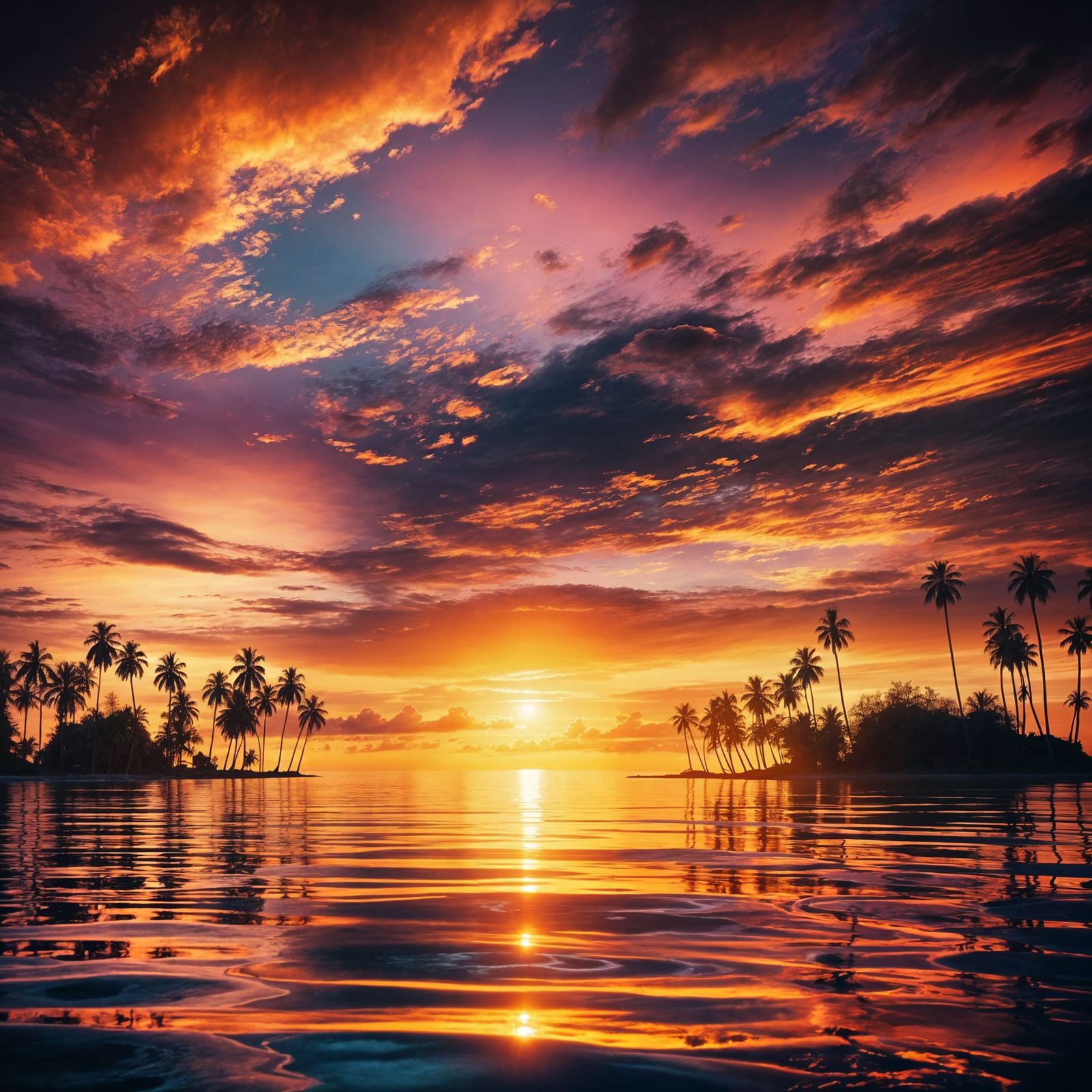Vibrant Sunset Over Calm Ocean with Palm Trees