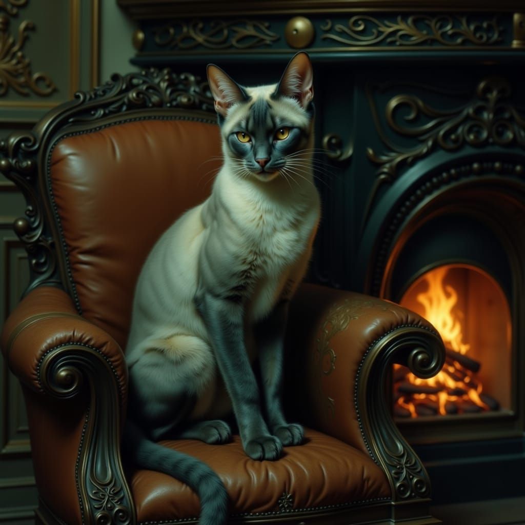 Majestic Siamese Cat by Fireplace in Matte Painting Style