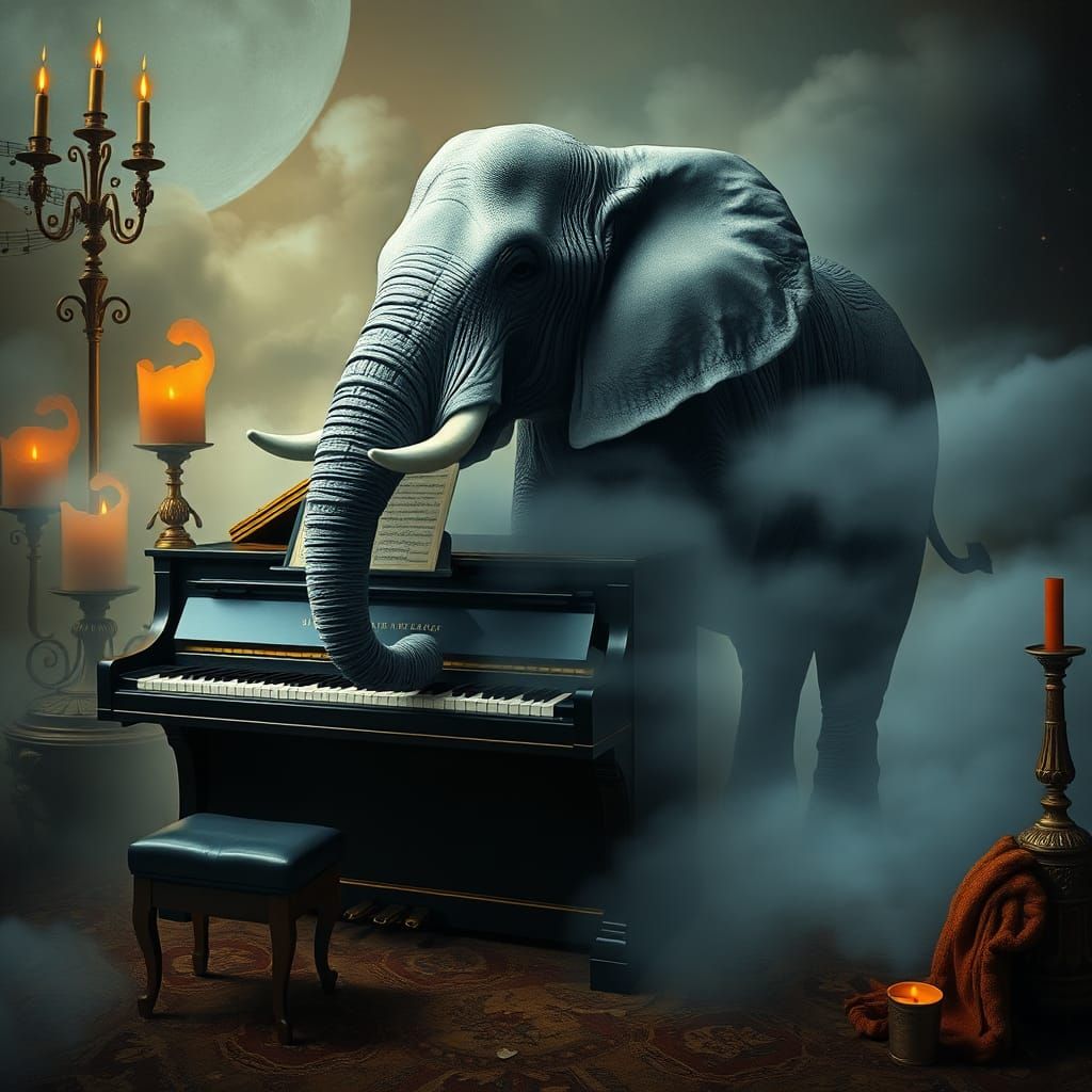 Surreal Piano and Elephant in Dreamlike Landscape