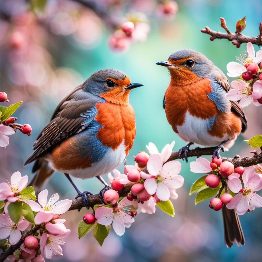 European Robins Among Apple Blossoms: Wildlife Photography
