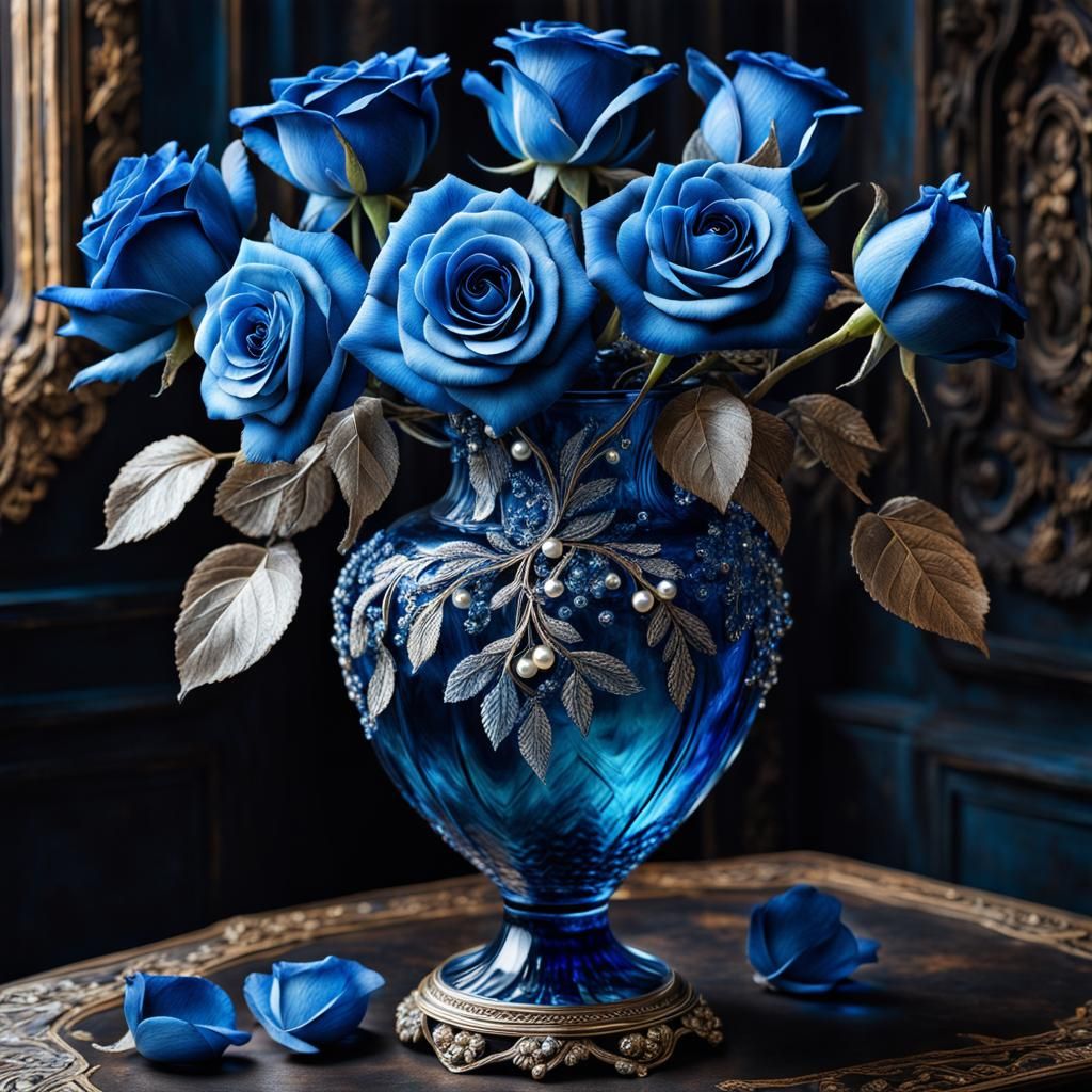 Ornate Blue Vase with Stunning Blue Roses