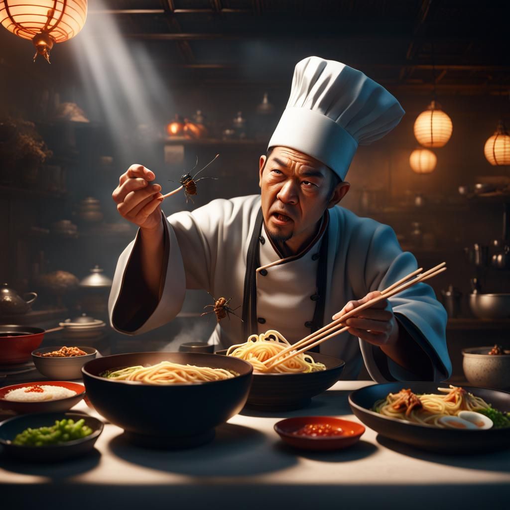 Angry Chef Finds Insect in Ramen: Fantasy Art