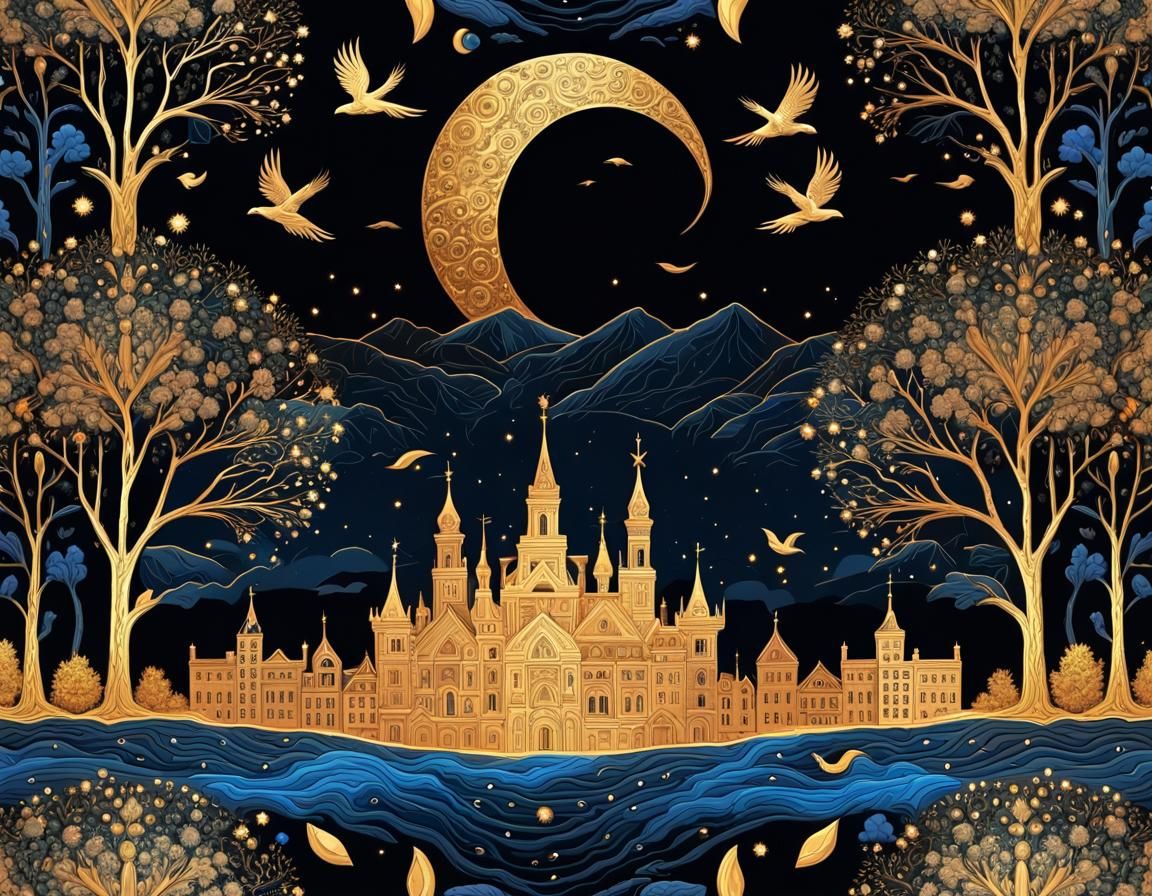 Crystal Moon Over Night Forest in Palekh Style