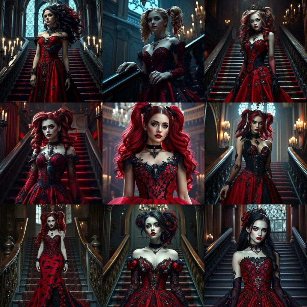 Gothic Princess in Harley Quinn Colors, Red and Black Elegan...