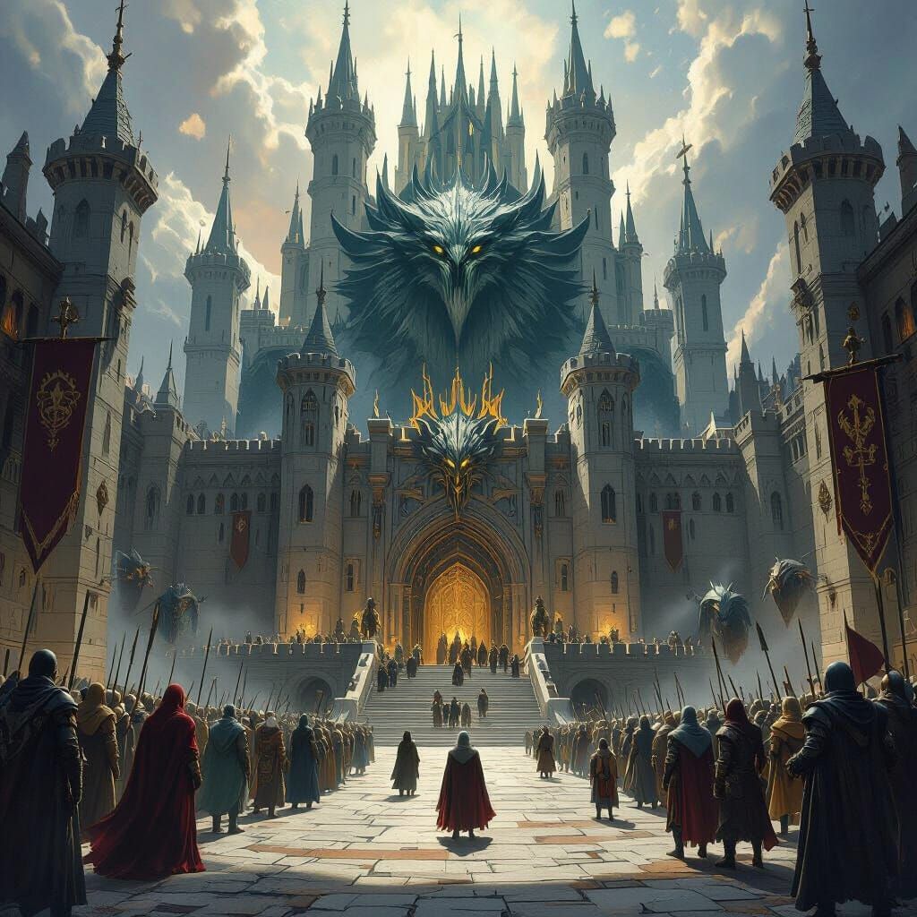 Epic Fantasy Gathering of Mythical Beings in Grand Castle