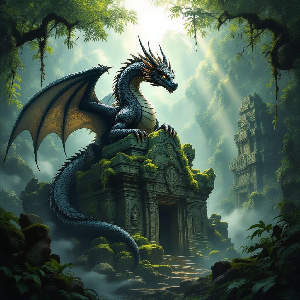 Ancient Dragon on Jungle Temple, Epic Fantasy Art