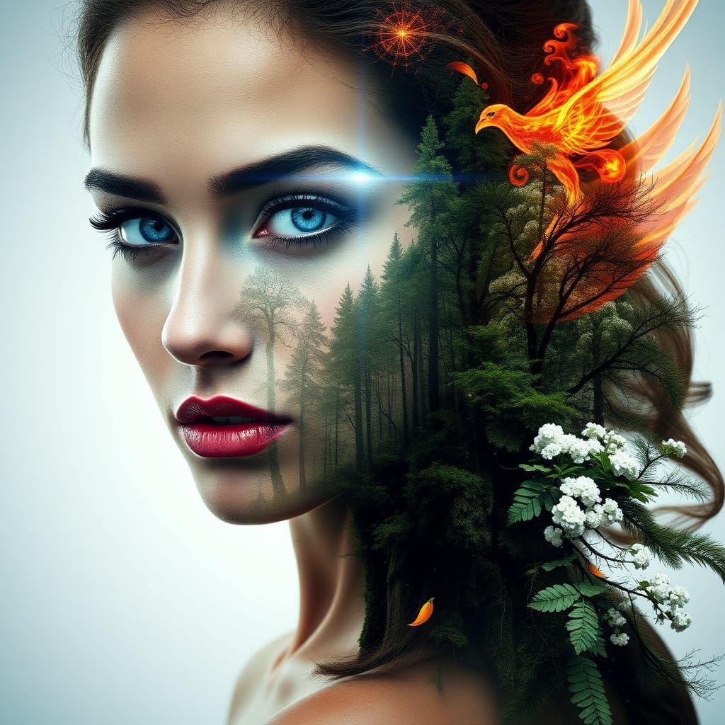 Enigmatic Woman with Phoenix Aura in Forest