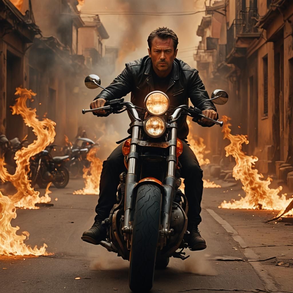 Inferno Ride: Hero on Motorcycle in Flames