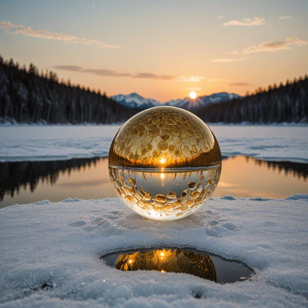 Golden Glass Ball Frozen in Winter Wonderland