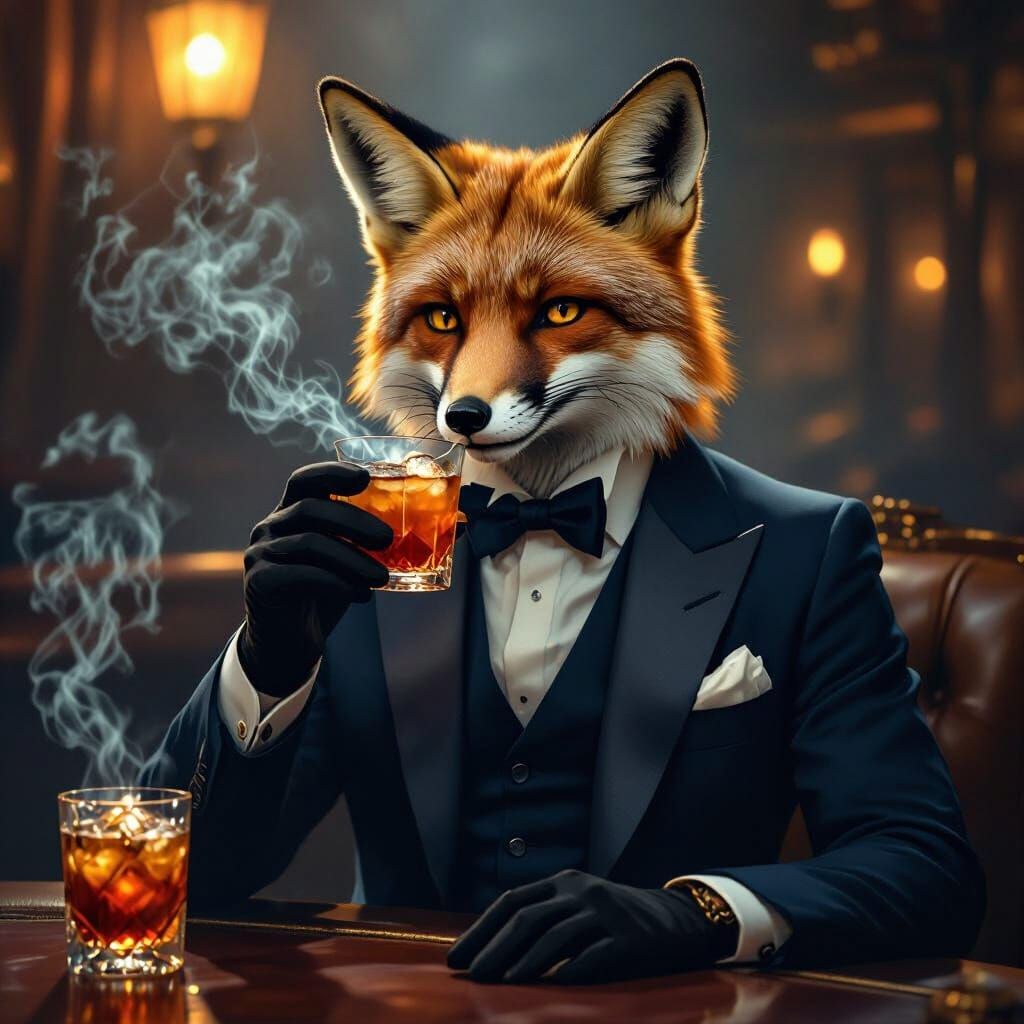 Anthropomorphic Fox Sipping Cocktail in Art Deco Style