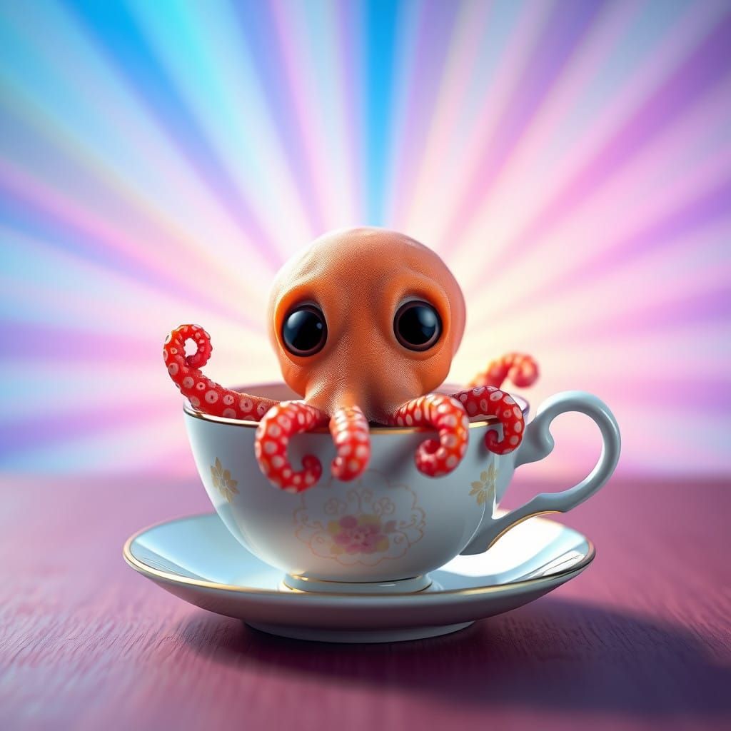 Adorable Octopus in Teacup with Vibrant Pixar-Inspired Color...