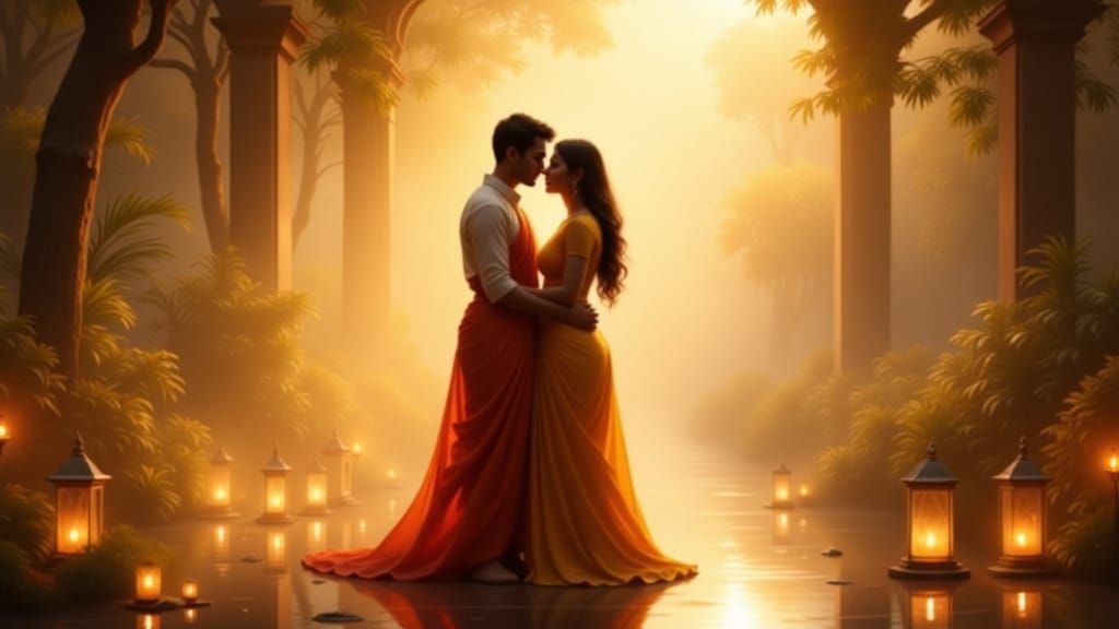 Couple in Indian Garden Mist as Romantic Digital Painting