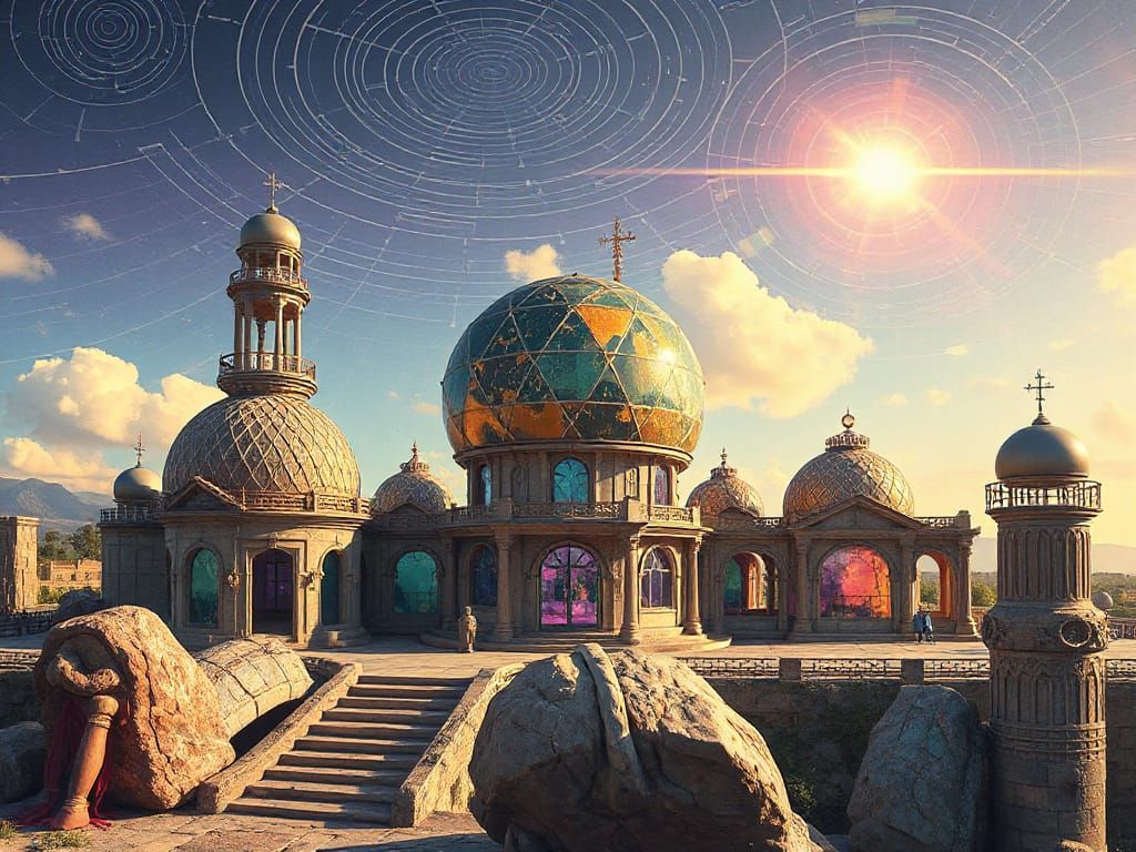 Surreal Geodesic Cityscape with Art Deco Elegance