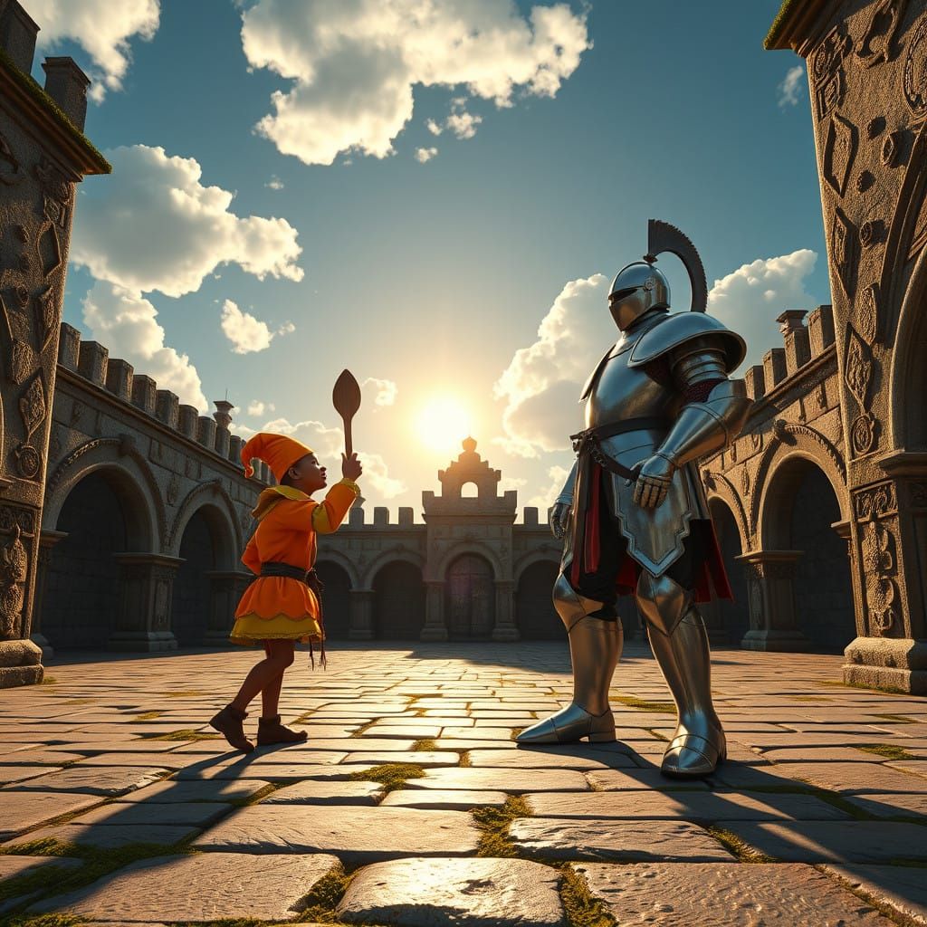 Medieval Whimsy: Lilliput Jester Chases Knight in Sunlit Cou...