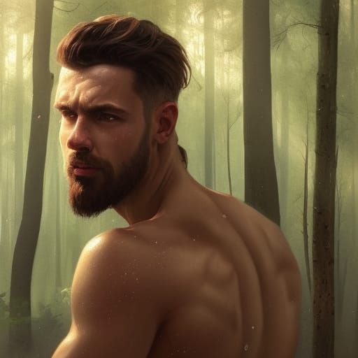 Shirtless Man Portrait in Forest, Detailed Digital Art