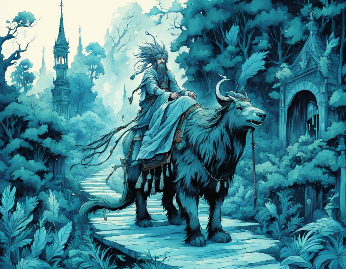 Mystical Shaman Rides Beast: Ink and Watercolor Art