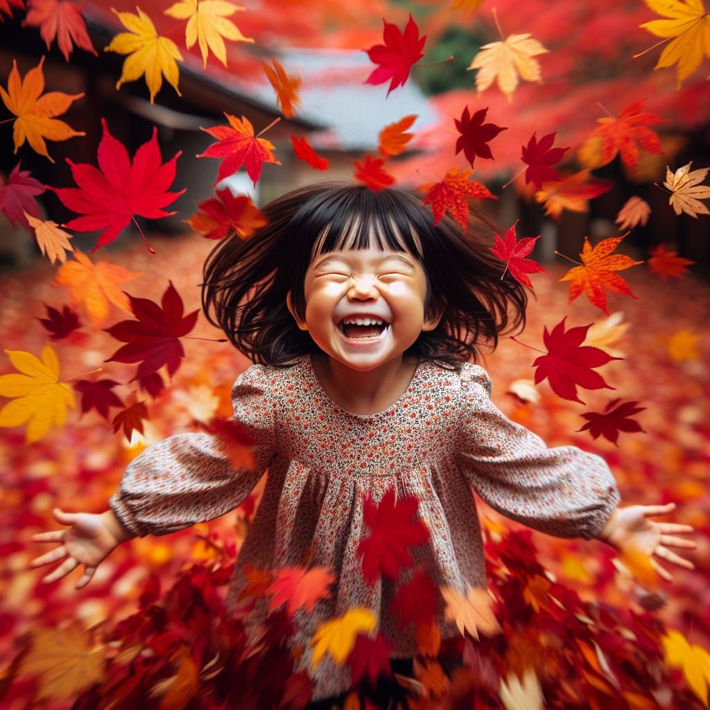 Girl's Joyful Leap into Autumn Leaves
