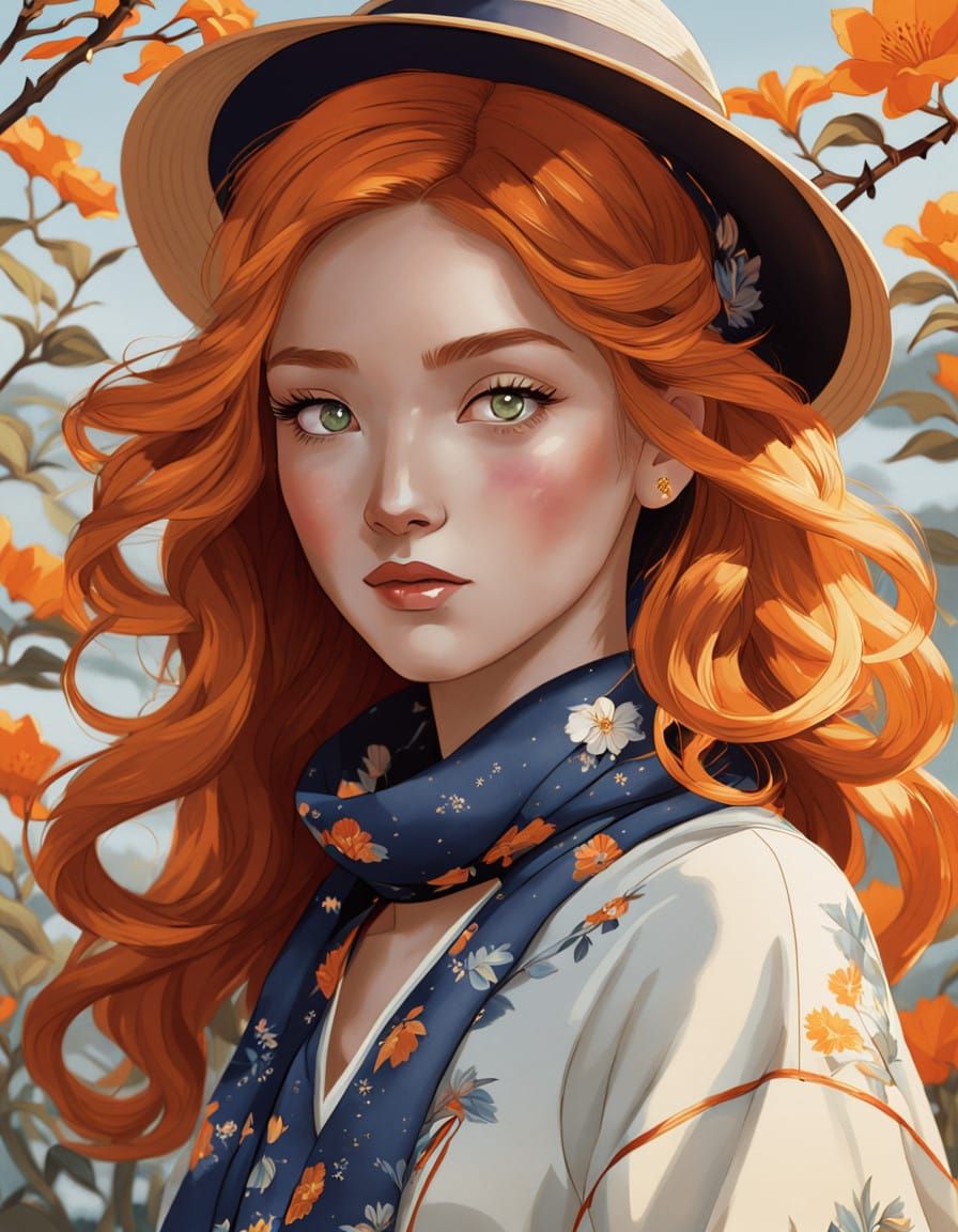 Vibrant Girl with Orange Curls and Amber Hat