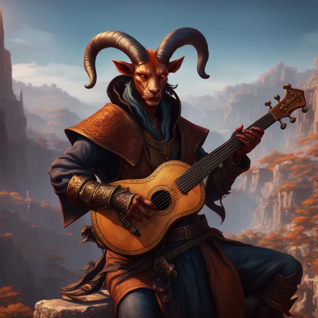 Tiefling Bard with Lyre: Fantasy Concept Art
