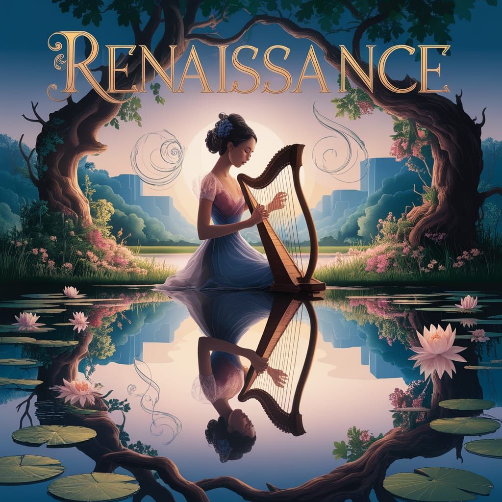 Renaissance Album Cover: Harpist in Dreamlike Landscape