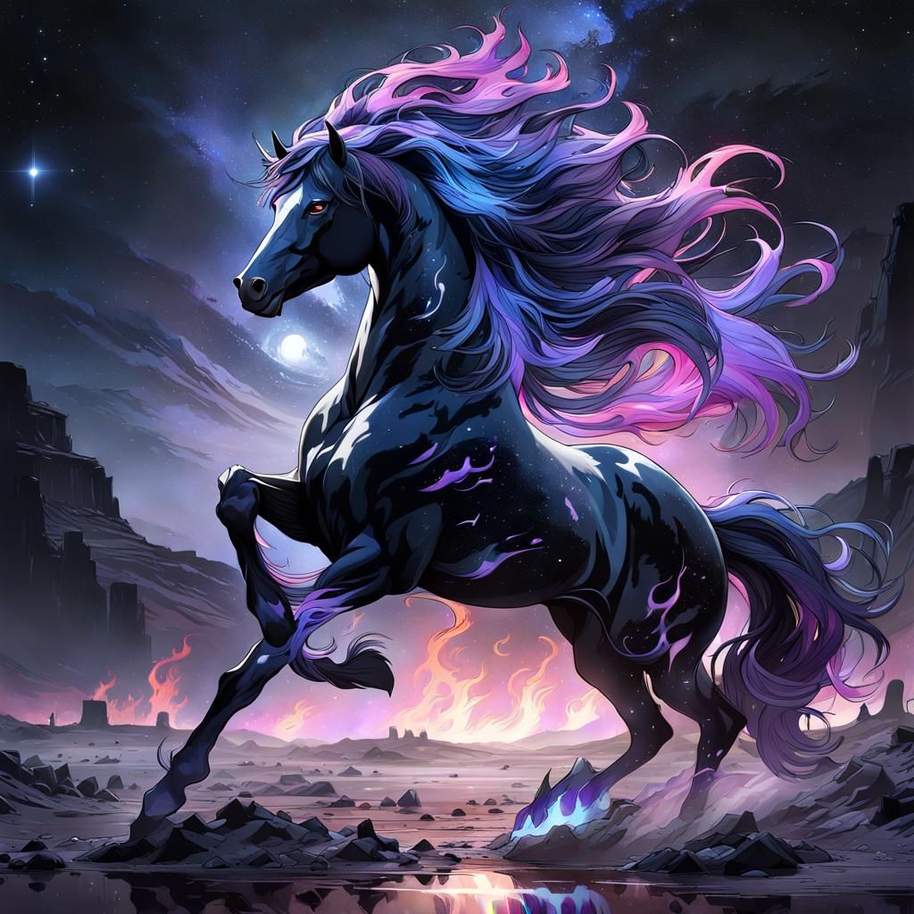 Stallion in Starry Wasteland: Anime-Inspired Masterpiece