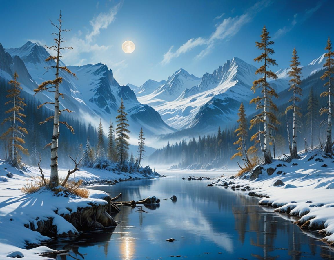 Winter Lake in Birch Forest as a Landscape Painting