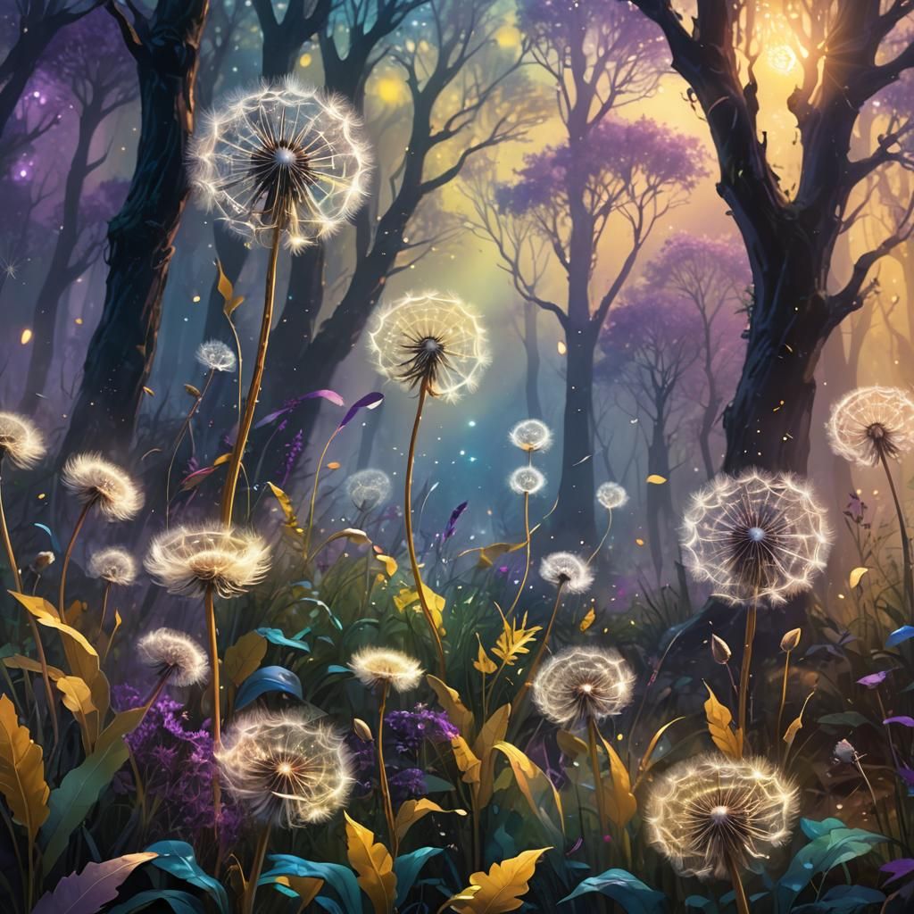Dandelions in Mystical Forest: Fantasy Concept Art