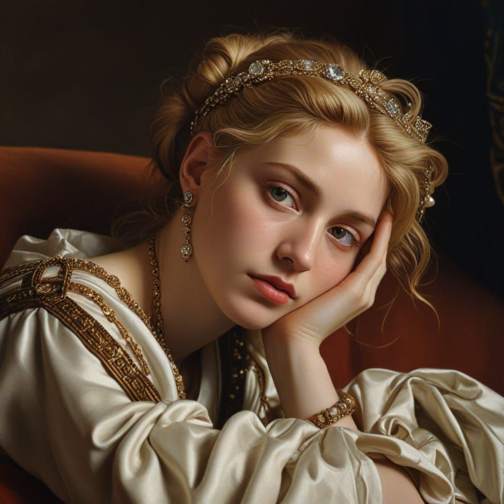 Ancient Roman Woman on Velvet Couch: Baroque Oil Painting