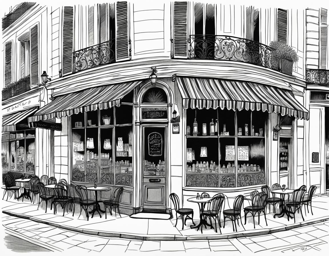 Parisian Cafe Illustration in Edward Gorey Style
