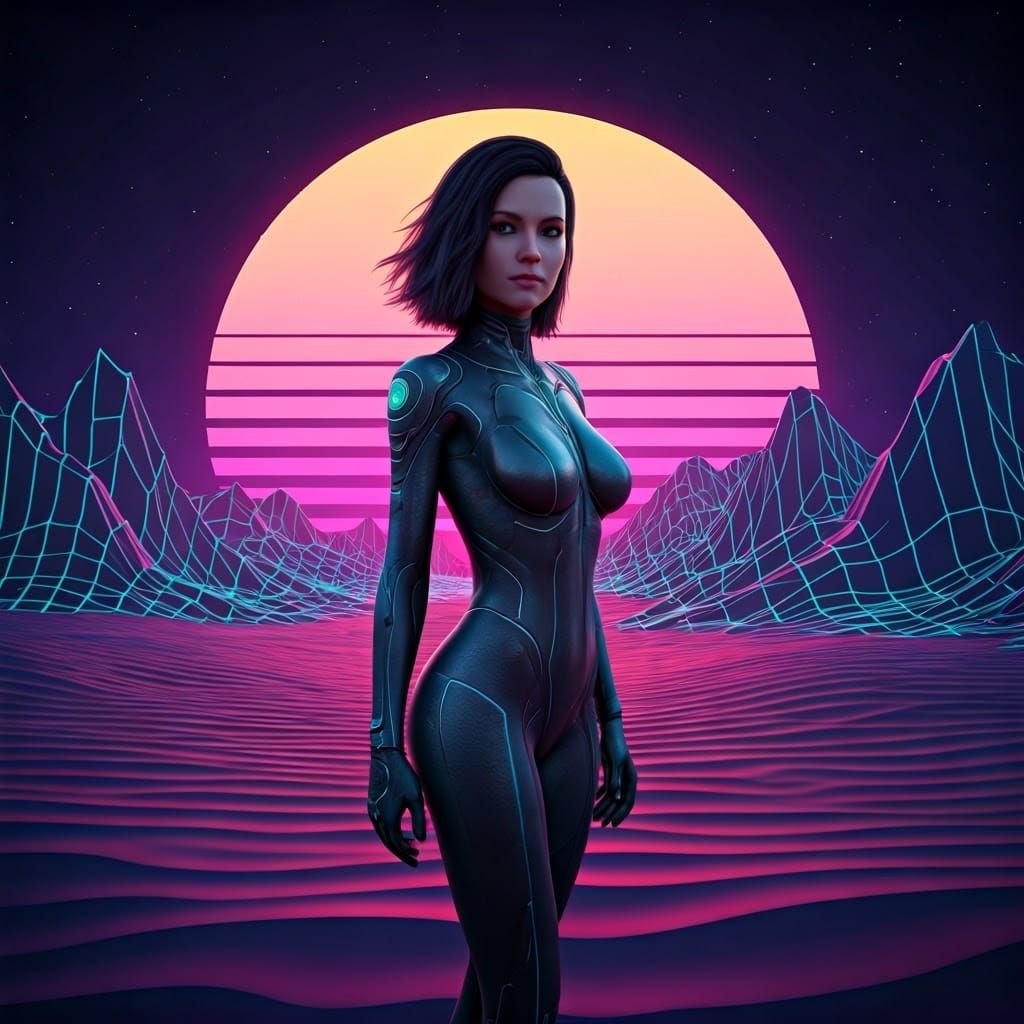 Glowing Desert Goddess in Futuristic Bodysuit