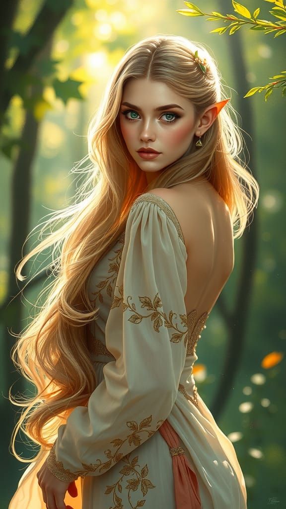 Ethereal Elven Maiden Portrait in Pre-Raphaelite Style