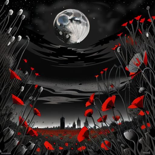 London Skyline Through Poppies: Black Ink Selective Color