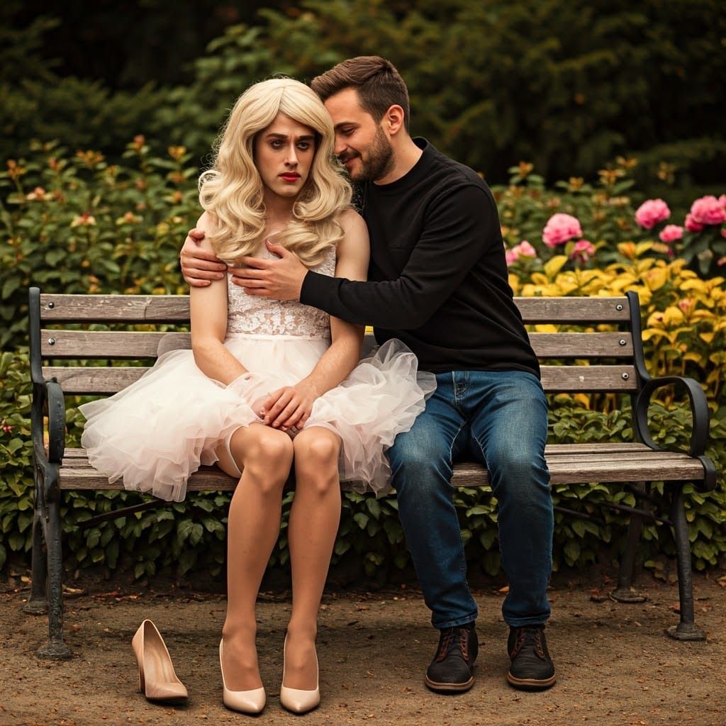 Worried Young Man in Bridesmaid Dress on Park Bench