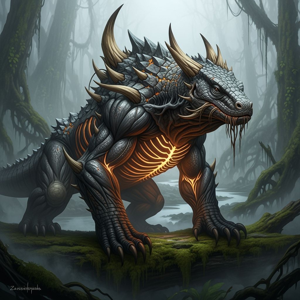 Komodo Dragon-Grizzly Bear Hybrid in Dark Fantasy Style