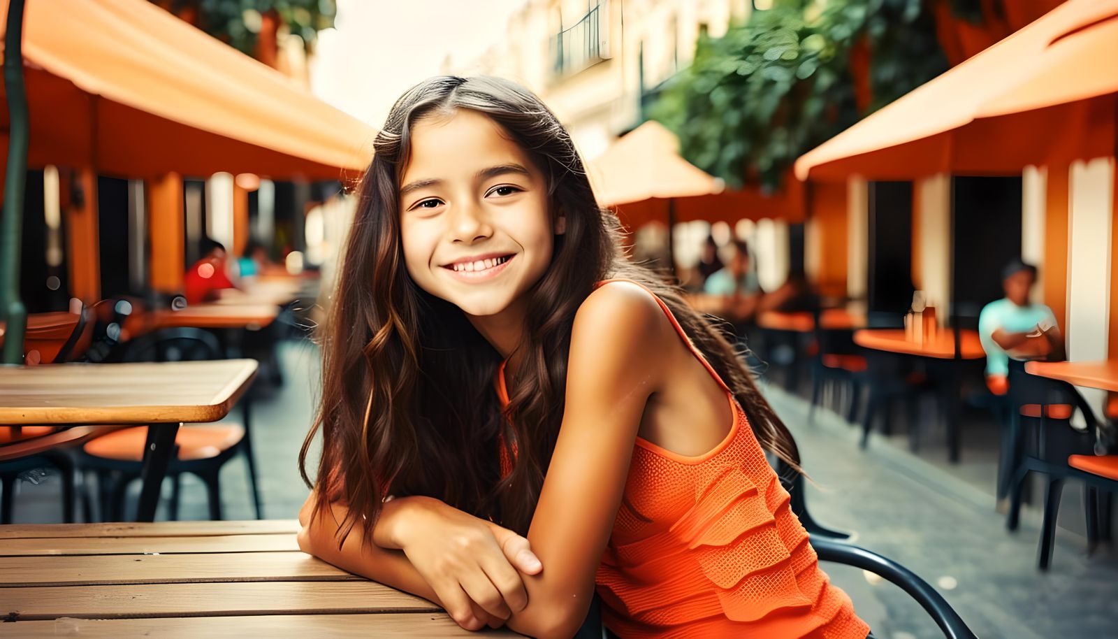 Smiling Girl in Swimwear at Cafe: Realistic Photo