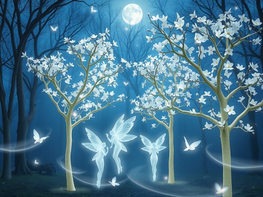 Celestial Flower Maidens in Enchanted Moonlit Forest