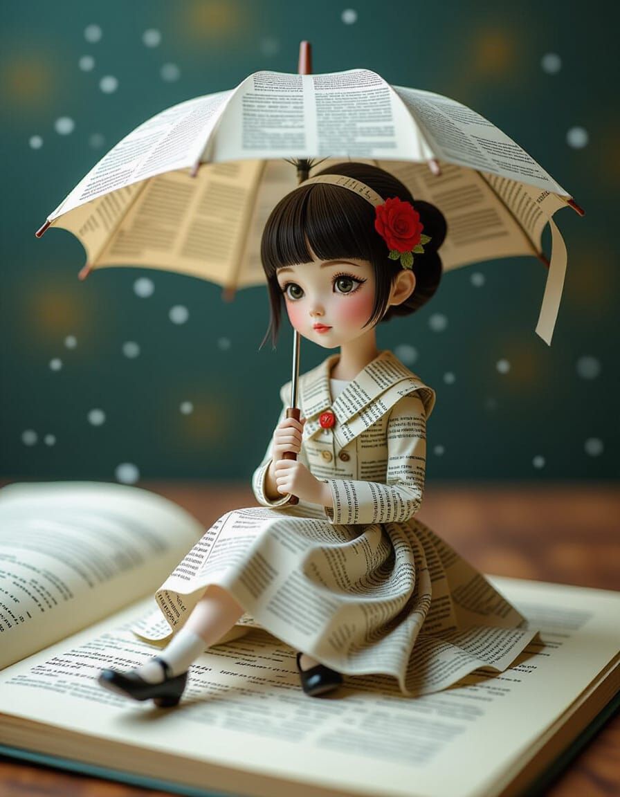 Micro-Girl from Newspaper Letters in Sketchbook, 3D Collage