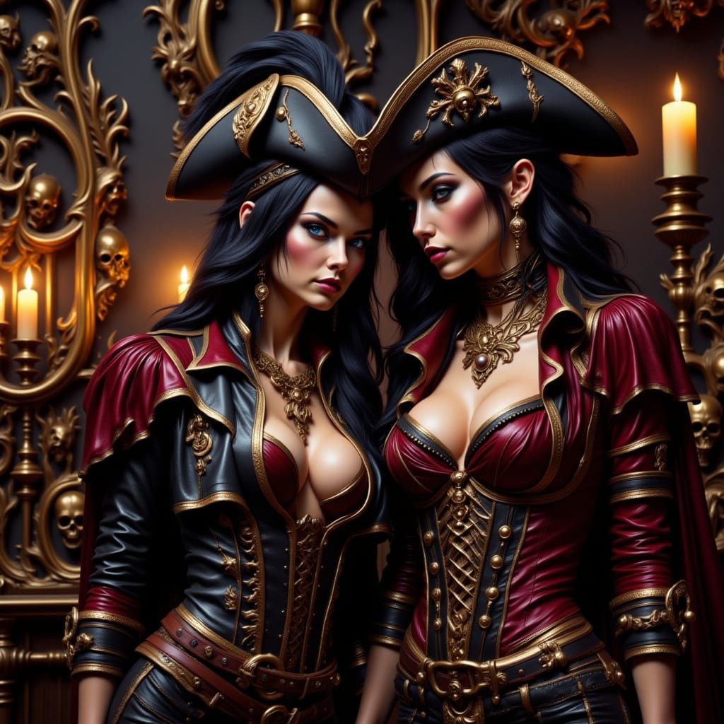 Two Pirate Women in Leather Outfits with Blue Eyes