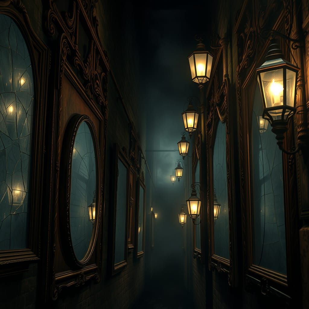 Eerie Medieval Alley with Cracked Mirror Reflections