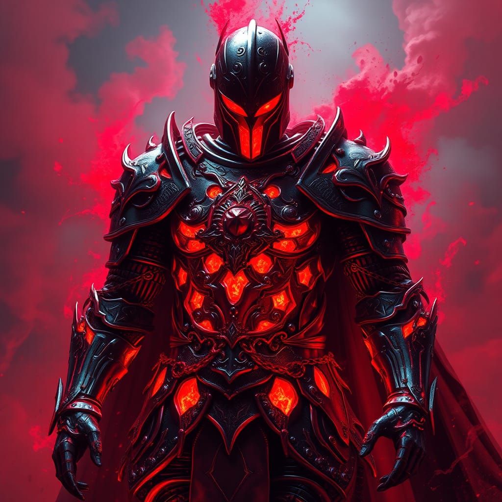 Haunted Red Knight Armor with Glowing Mist