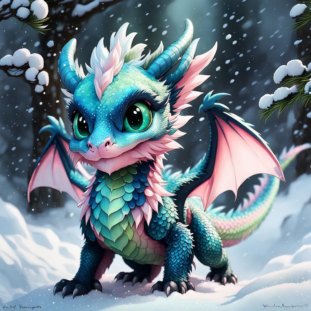 Chibi Dragon Playing in Snow, Digital Art