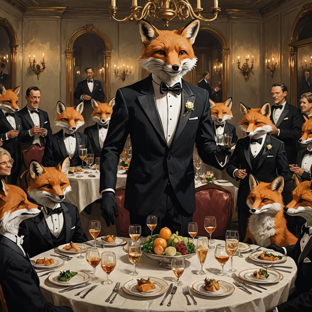 Fox in Tuxedo at Dinner Party