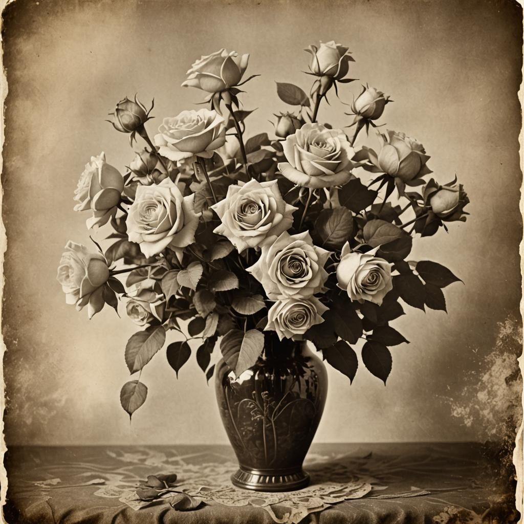 Vintage Sepia Photo of Roses in Vase